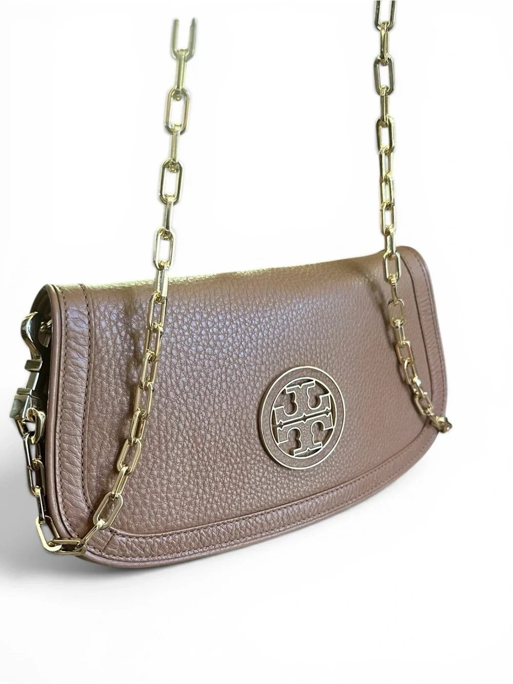 Tory Burch Amanda Taupe Pebbled Leather Chain Shoulder Crossbody Bag